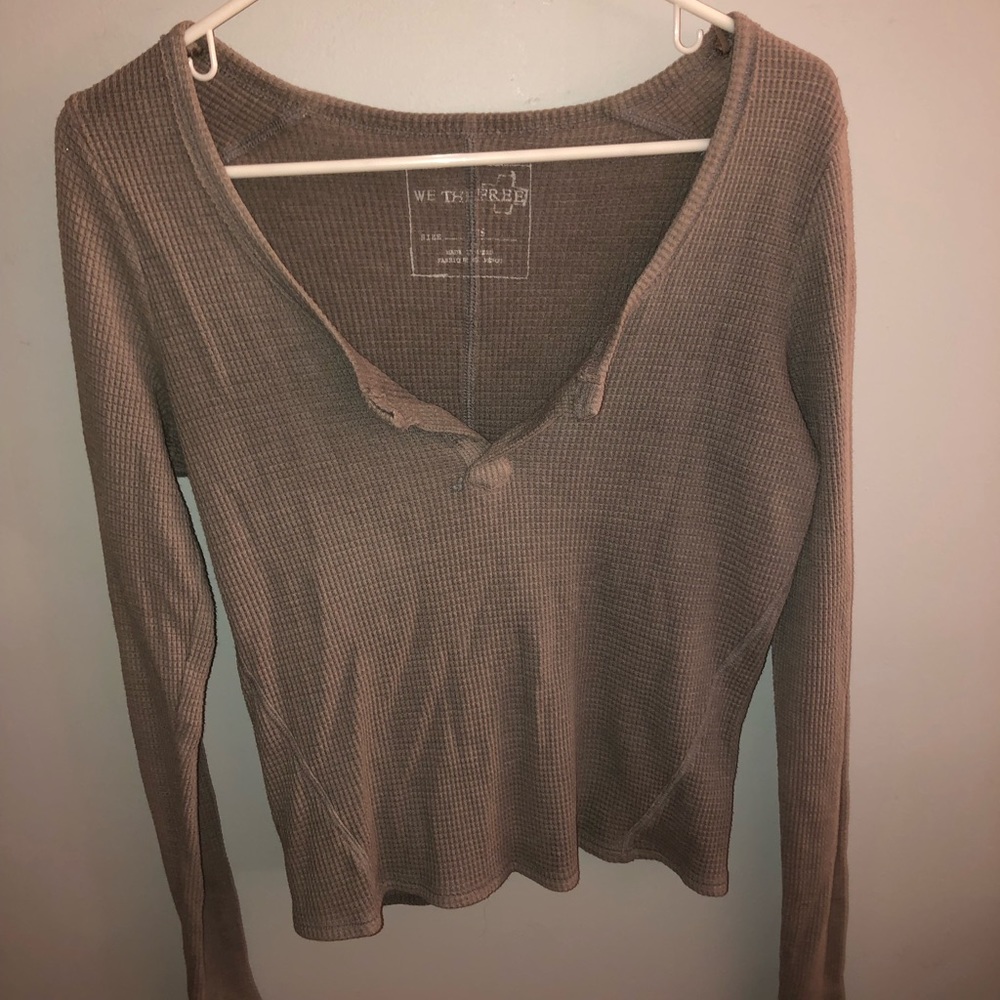Gray Free People Long Sleeve Waffle Shirt